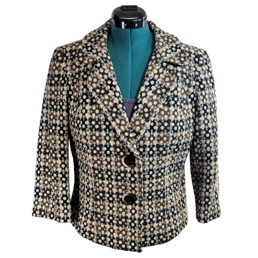 Sigrid Olsen Blazer Womens L Brown Black Wool Geometric 2 Button 3/4 Sleeve Chic